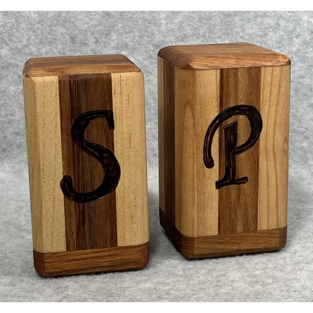 Handcrafted Wooden Salt & Pepper Shakers Set Striped Wood Cork Stoppers Kitchen